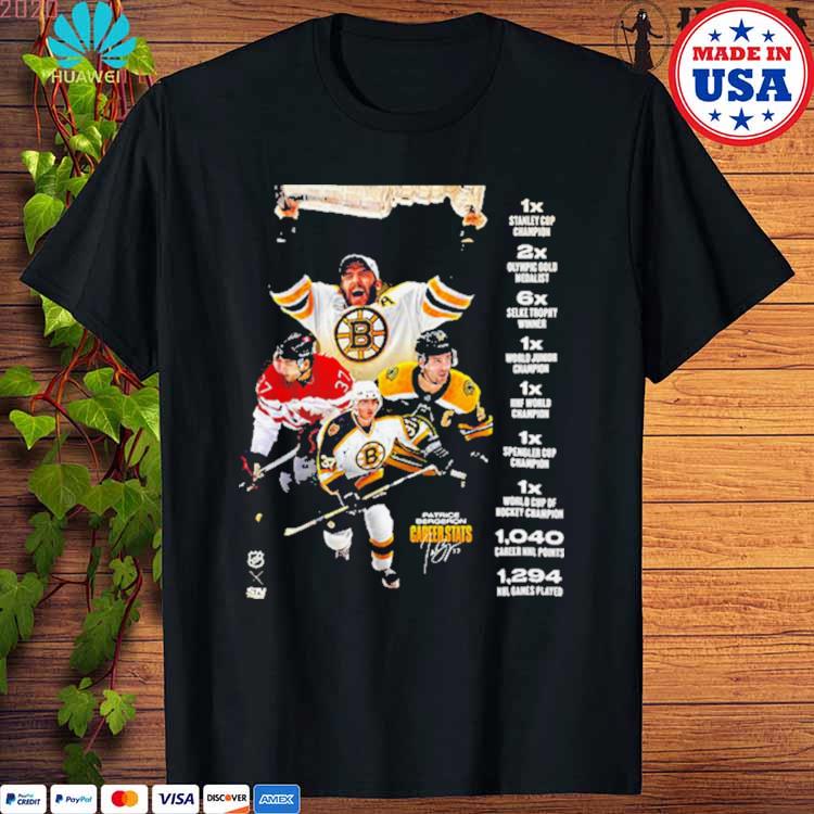 Official Patrice bergeron career stats nhl Boston Bruins all title and  signature T-shirt, hoodie, tank top, sweater and long sleeve t-shirt