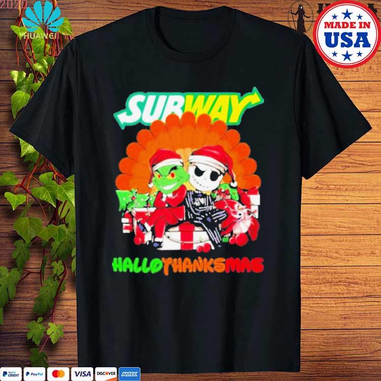 Official Santa Grinch and Jack Skellington Subway hallothanksmas shirt,  hoodie, sweater, long sleeve and tank top